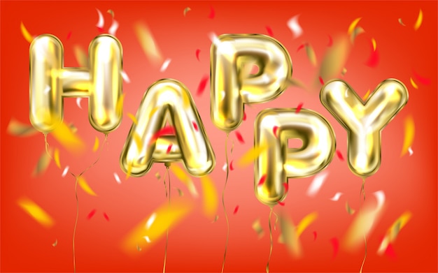 Happy lettering by foil golden balloons in red confetti