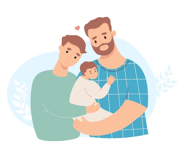 Vettore felice famiglia lgbt mans con il bambino e il partner amorevole padri della genitorialità e giornata della famiglia