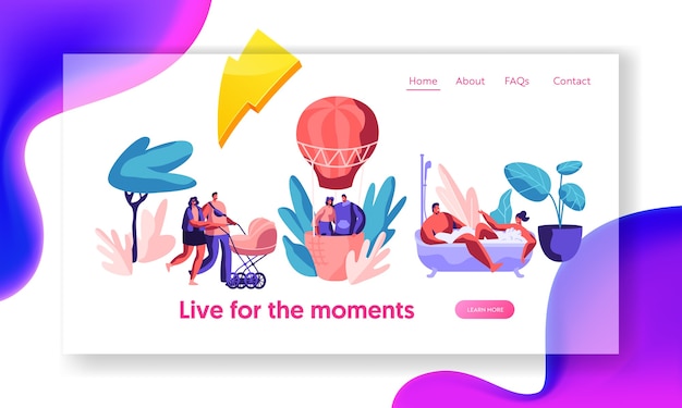 Happy Life Moments-bestemmingspagina. Man en vrouw nemen een bad met bubbel. Love Couple Fly Air Balloon in Sky. Walk Family met kinderwagen. Website of webpagina. Platte Cartoon vectorillustratie