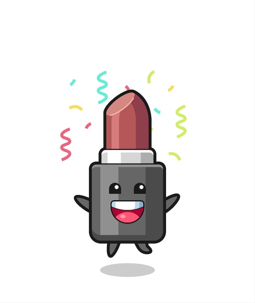 Happy lipstick mascot jumping for congratulation with colour confetti