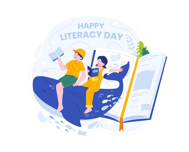 Happy Literacy Day Illustration Children's Imagination Concept Reading Books Becomes an Adventure