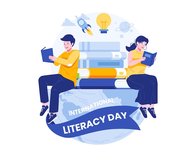 Happy Literacy Day Illustration Young People Celebrate Literacy Day by Reading Books