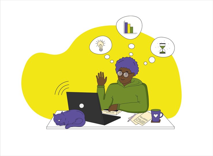 Vector happy little african american boy studies with computer and books. online education, home school con