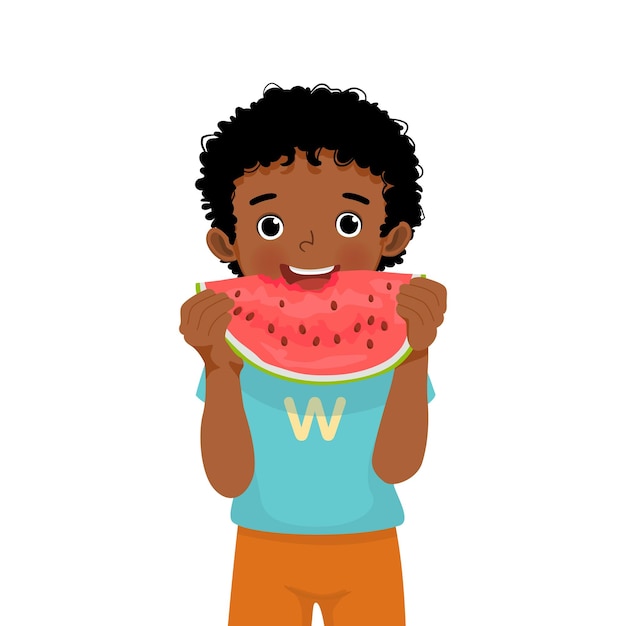 happy little African boy eating watermelon on sunny day in summer time