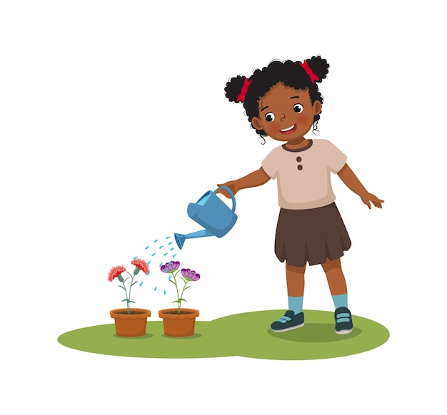 Happy little african girl watering plants flowers in the pot with watering can in the garden