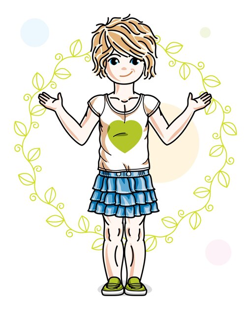 Happy little blonde girl posing on spring background with green leaves and wearing fashionable casual clothes. vector character.