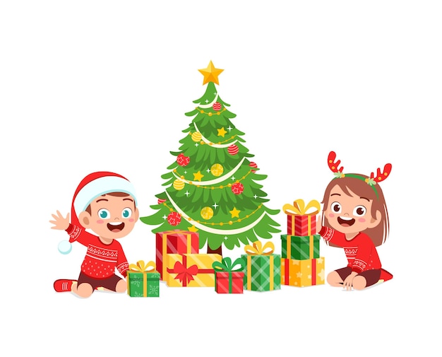 クリスマスのプレゼントを保持している幸せな男の子と女の子