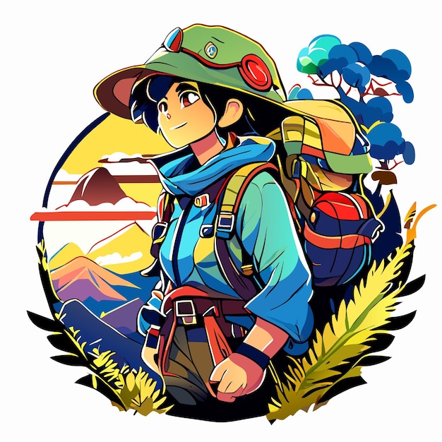 Happy little boy in a camping outfit with a backpack