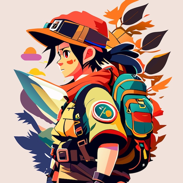 Happy little boy in a camping outfit with a backpack