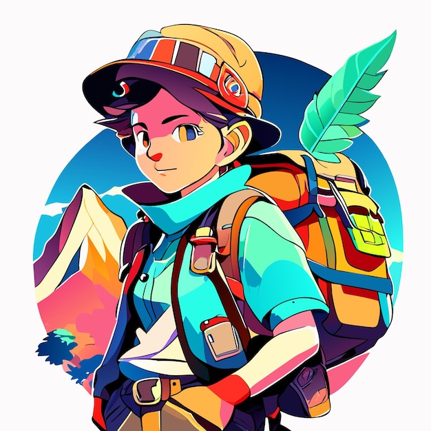 Happy little boy in a camping outfit with a backpack