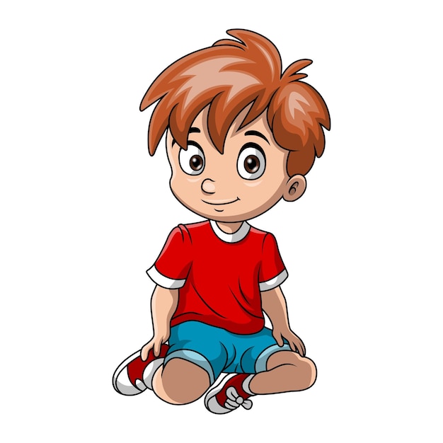 Вектор Счастливый маленький мальчик, сидящий в мультфильме.