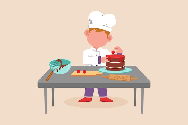 幸せな小さな男の子シェフ シェフの制服を着て、テーブルにバースデー ケーキを作る 料理のコンセプト ベクトル図