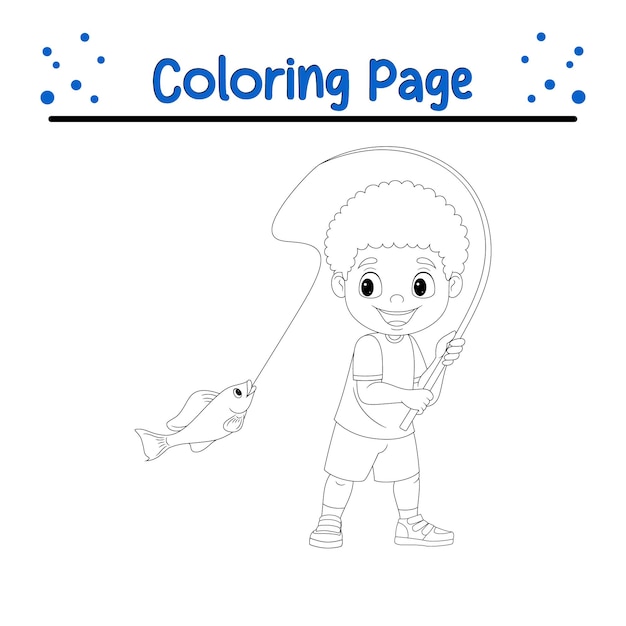 Premium Vector | Happy little boy fishing coloring page