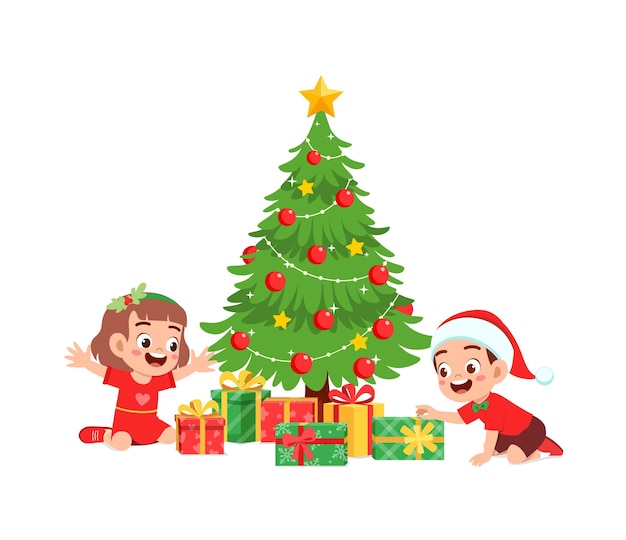 Vector happy little boy and girl holding present for christmas