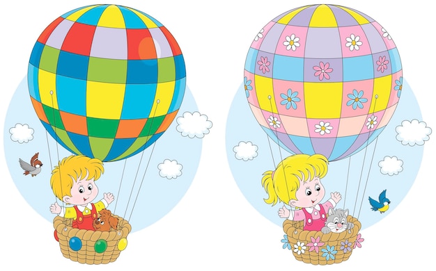 Happy little boy and girl traveling with their small pup and kitten in a toy air balloon