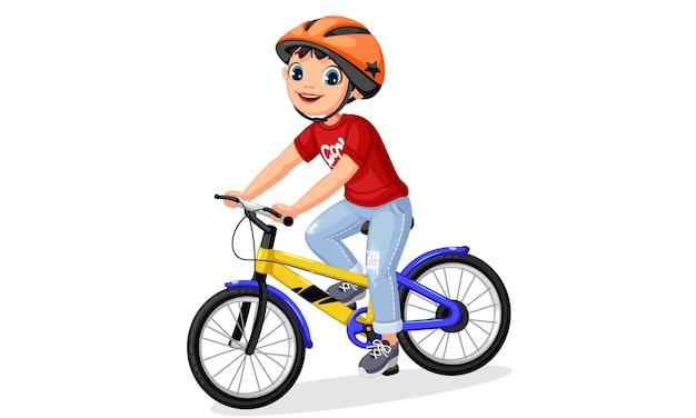 Vector happy little boy in helmet riding bicycle