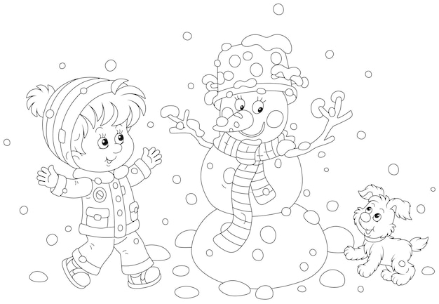 Happy little boy and his merry pup playing and jumping around a funny snowman in a snowy winter park