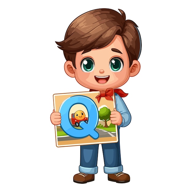 happy Little boy holding alphabet letter Q kids english learning concept