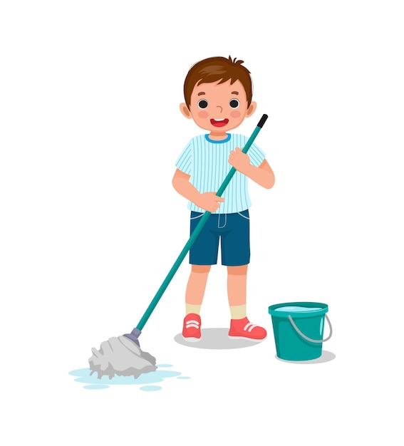 Vettore ragazzino felice che tiene mocio e secchio per la pulizia del pavimento che fa i lavori domestici