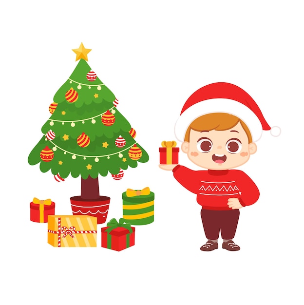 Happy little boy holding present for christmas flat cartoon