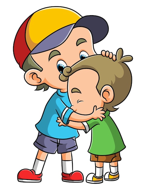 Vettore il ragazzino felice sta abbracciando il fratello maggiore dell'illustrazione
