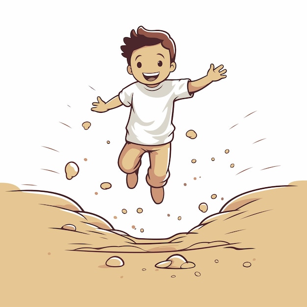 Vector happy little boy jumping in the sand vector illustration in cartoon style