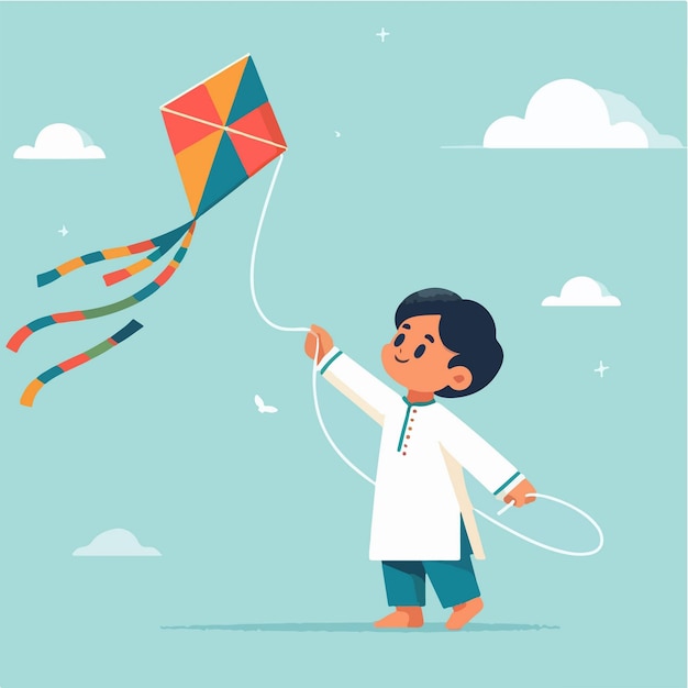 Vector happy little boy playing colorful kite