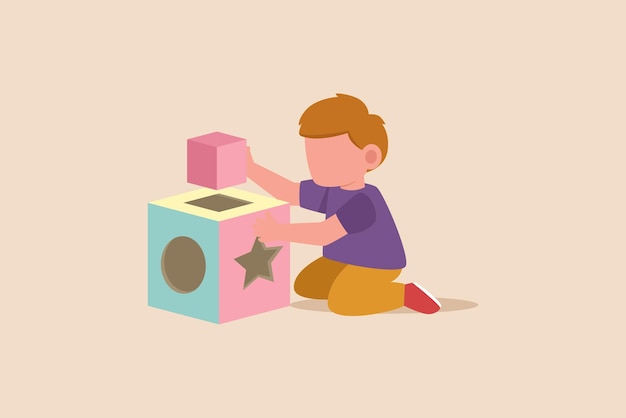 Vector happy little boy playing cube puzzle kindergarten activity concept flat vector illustration isolated