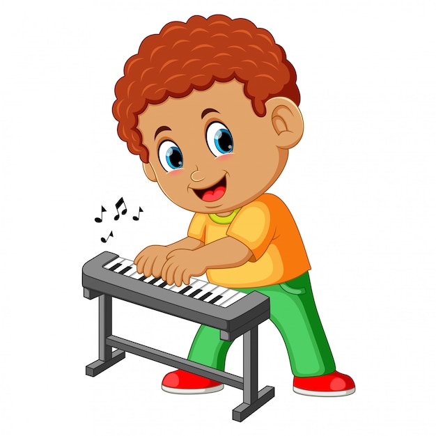 Vector happy little boy playing piano