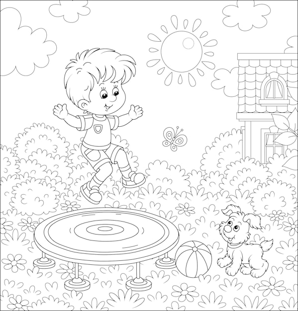 Счастливый маленький мальчик играет со своим маленьким щенком и прыгает на игрушечном батуте на лужайке перед домом