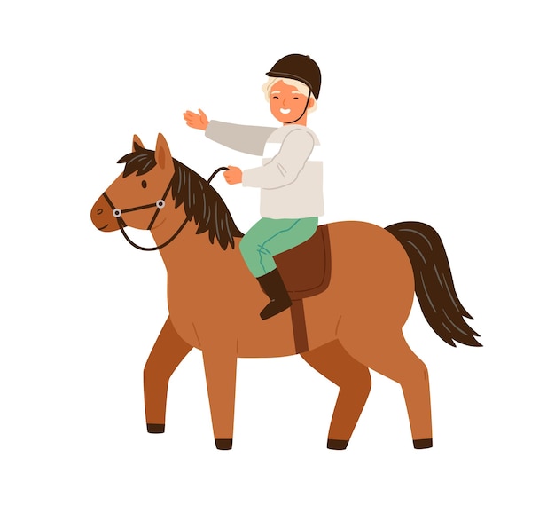 보호용 헬멧을 쓴 행복한 어린 소년이 말을 타고 벡터 평면 삽화를 타고 있습니다. 흰색 절연 승마 연습 웃는 남자 아이 기병. 조랑말을 타고 훈련을 즐기는 귀여운 꼬마.