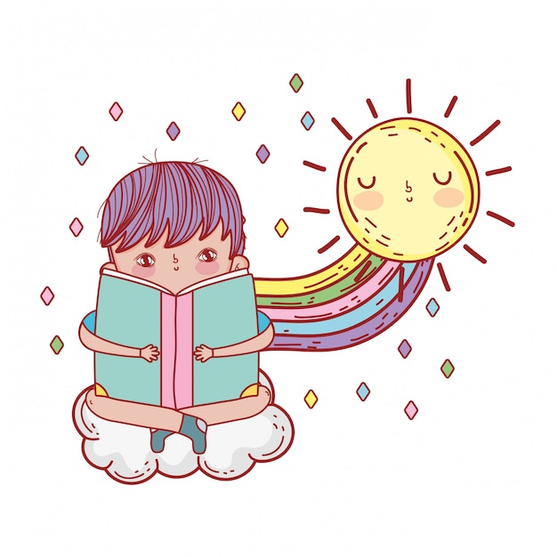 Happy little boy reading book with rainbow