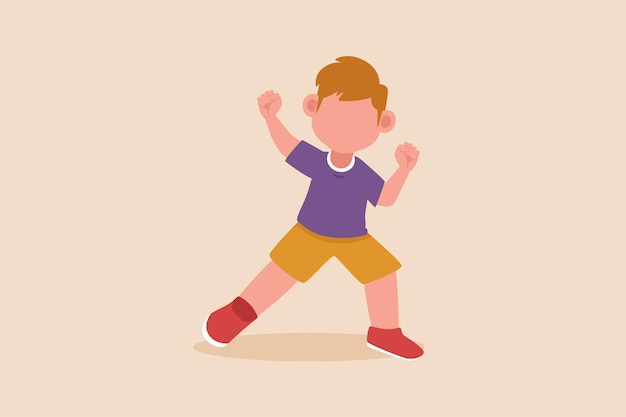 Happy little boy shows win fist up expression gesture cheer up pose concept flat vector illustrations isolated