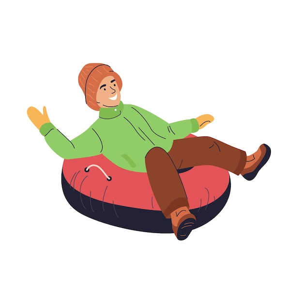 Happy little boy on snow tubing sliding down hill  winter holidays activity fun vector cartoon style