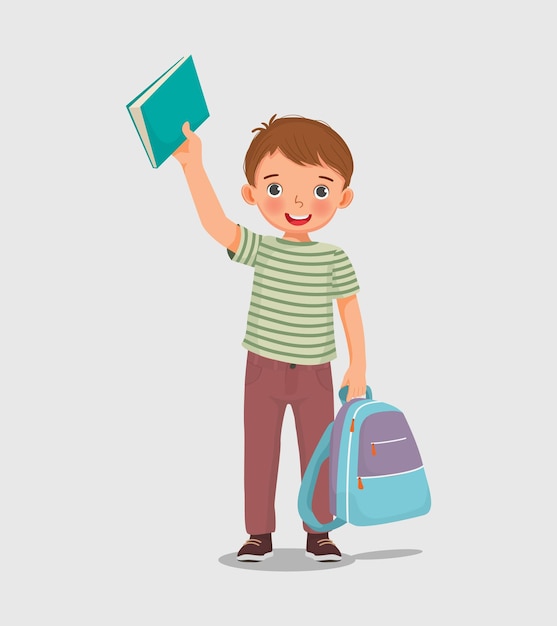 Vector happy little boy student with backpack holding backpack book feeling excited to be back to school