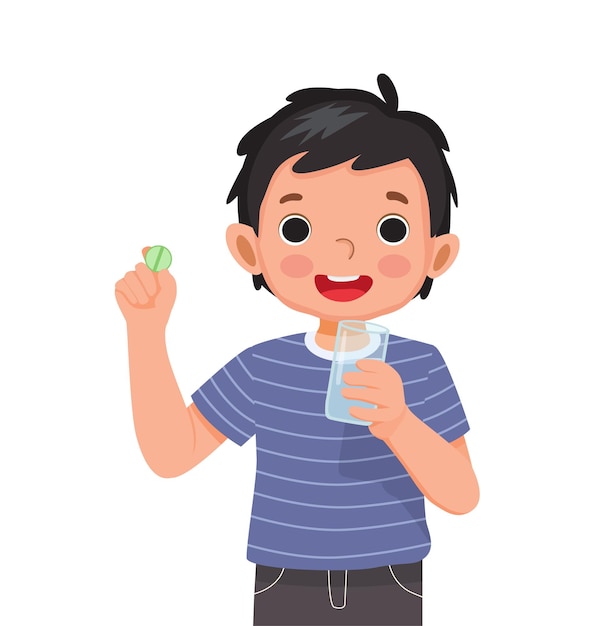 happy little boy taking medicine capsule with a glass of water