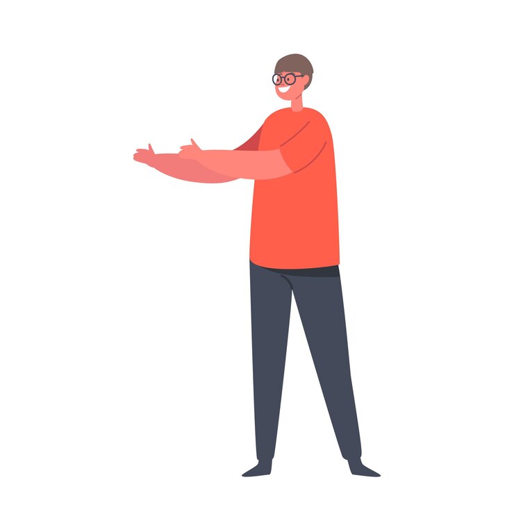 Vector happy little boy wear glasses and red t-shirt and black trousers. child character smiling. happy emotion, kid positivity