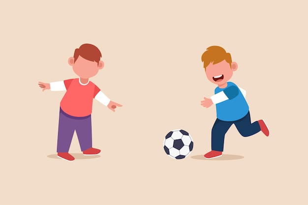 Happy little boy with his friend playing football Playing activity concept Flat vector illustrations isolated