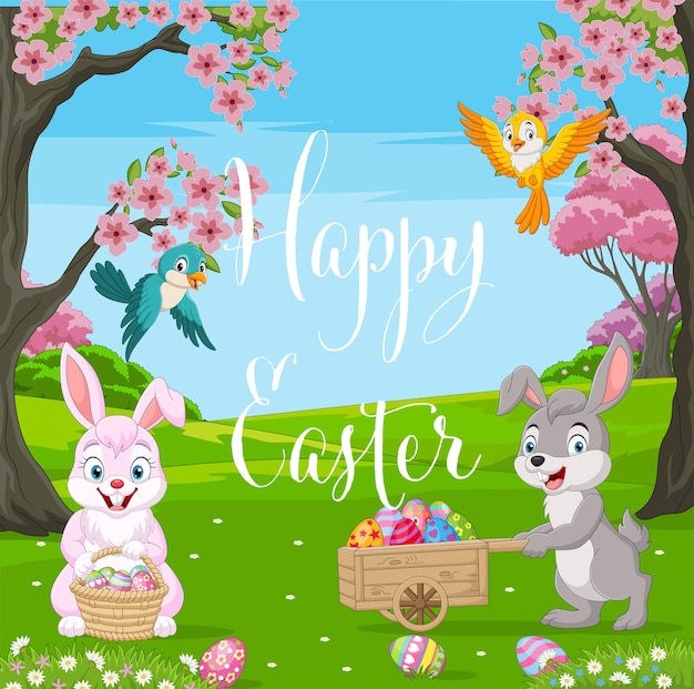 Happy little bunnies cartoon with birds in the spring forest