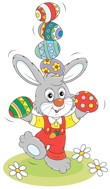 Happy little bunny juggling with colorful Easter eggs