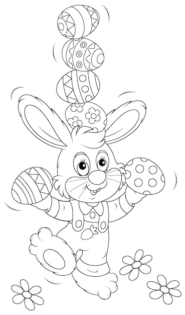 Happy little bunny juggling with decorated easter eggs