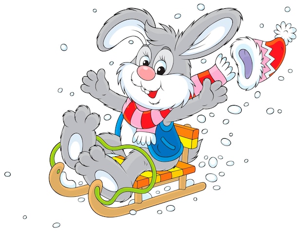 Happy little bunny sledding down a snow hill