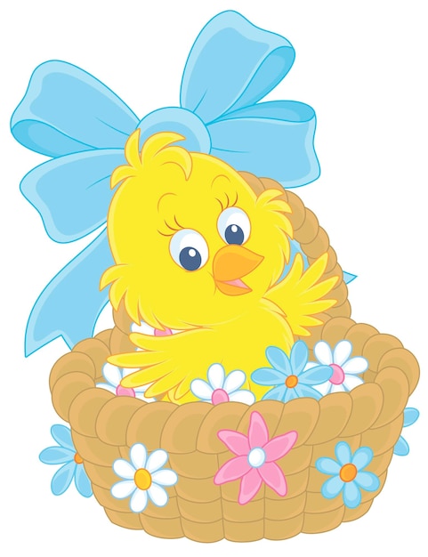 Vector happy little chick in a wicker easter basket decorated with a bow and flowers