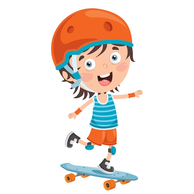 Happy little child skateboarding outside
