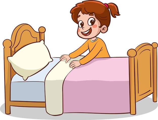 幸せな小さな子供たちが家事をする 掃除する 子供がベッドを整える