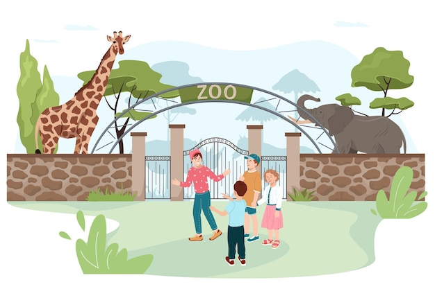 Vettore i bambini felici vanno a vedere gli animali dietro il recinto allo zoo vettore animale safari e visitatori