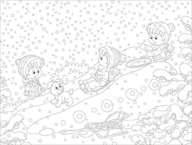 Happy little children playing on an ice slide on a snowcovered playground in a winter park