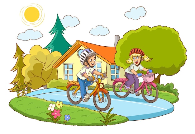 自転車に乗って幸せな小さな子供たち。ベクトル イラスト