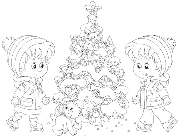 Счастливые маленькие дети катаются на коньках вокруг украшенной рождественской елки