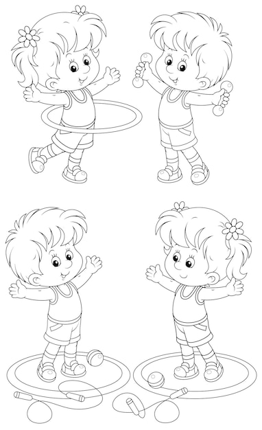 Vector happy little girl and boy doing morning exercises
